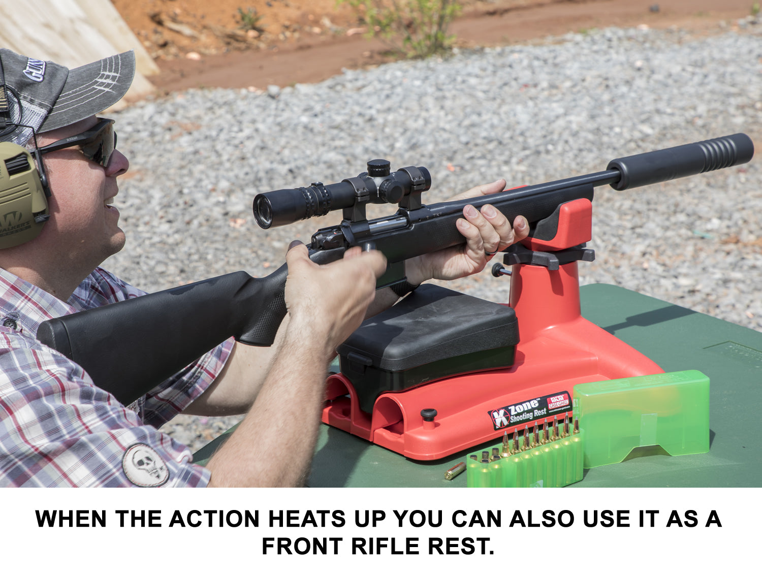 Person using a front rifle rest with a scope rifle MTM K-Zone